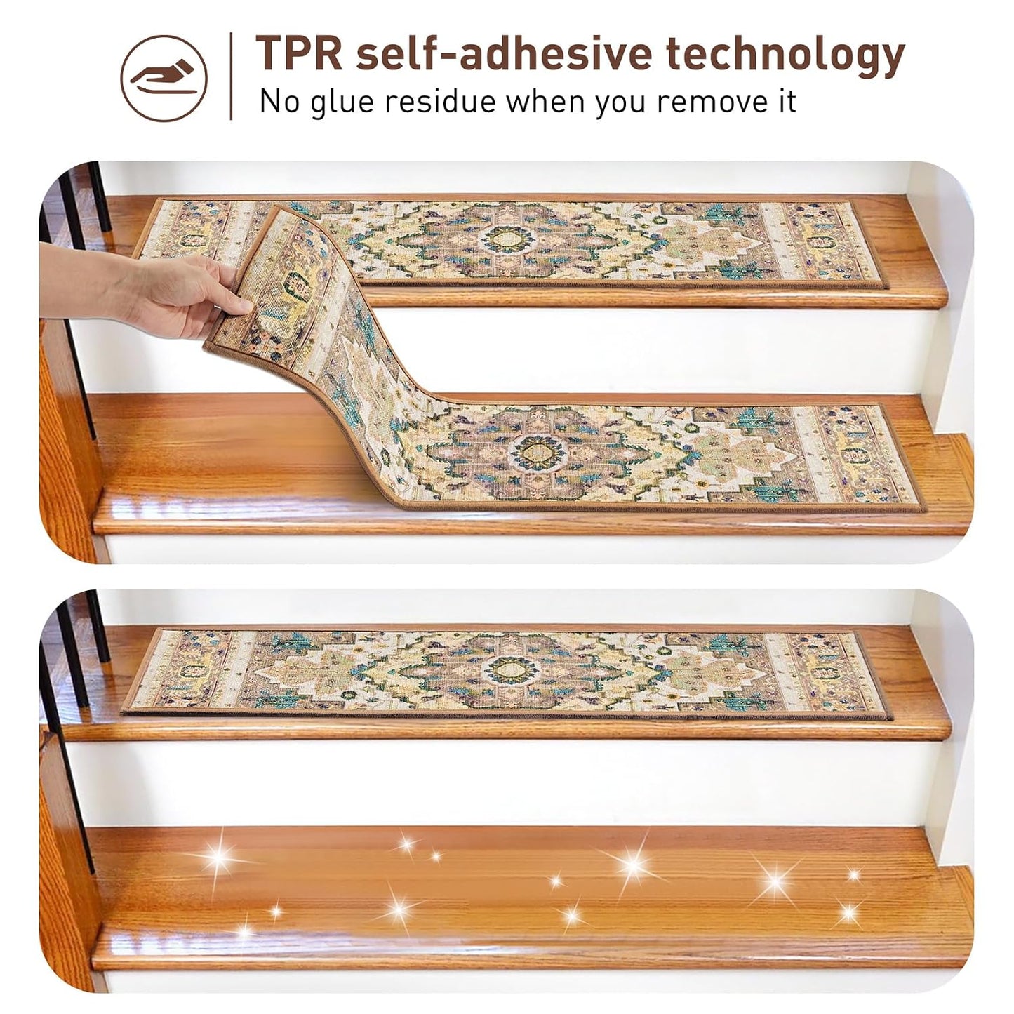 Stair Treads for Wooden Steps Indoor, 15 Pack 8" X 30" Non Slip Carpet Stair Treads with Reusable Adhesive for Kids Elders and Dogs, TPR Backing Stair Rugs Oriental Staircase Step Treads,Bohemia