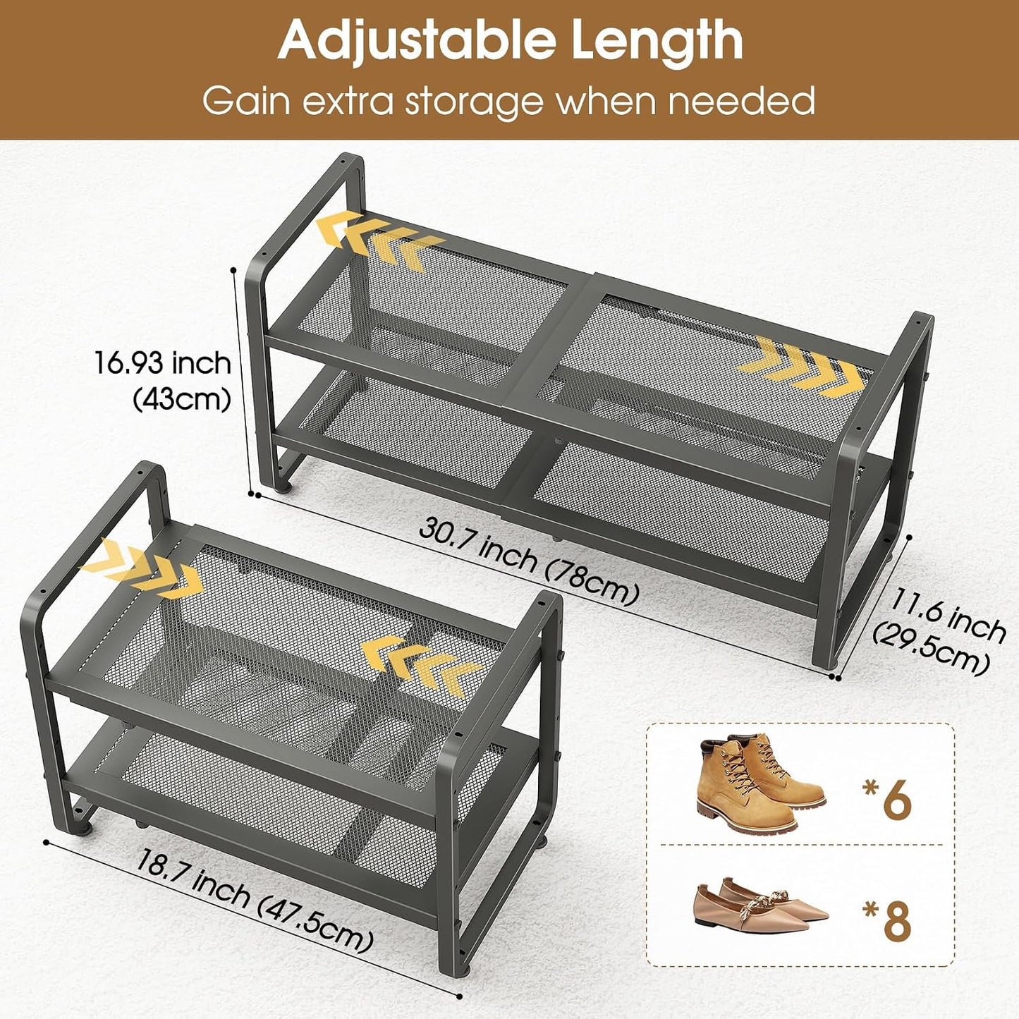 SAYZH Expandable Shoe Rack for Closet, Adjustable Metal Shoe Organizer with Sturdy Mesh Shelves for Boots & Heels, Stackable Shoe Storage for Entryway, Garage, Small Spaces (Black, 2-Tier)