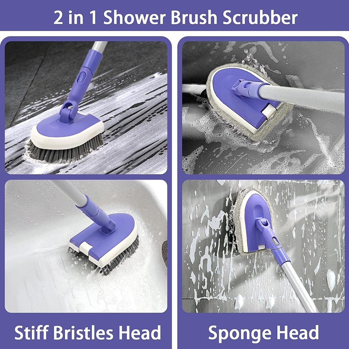 Tile Tub Scrubber Brush with 46.8" Extendable Long Handle, Shower Scrubber Cleaning Brush with 2 Different Function Cleaning Heads for Cleaning Bathroom Kitchen Wall Bathtub Floor