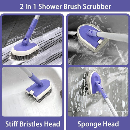 Tile Tub Scrubber Brush with 46.8" Extendable Long Handle, Shower Scrubber Cleaning Brush with 2 Different Function Cleaning Heads for Cleaning Bathroom Kitchen Wall Bathtub Floor