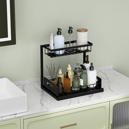Under Kitchen Sink Organizer 2 Tier, Pull Out Bathroom Sink Organizers and Storage, Cabinet Kitchen Bathroom Storage Organization Shelf, 1 Pack Black