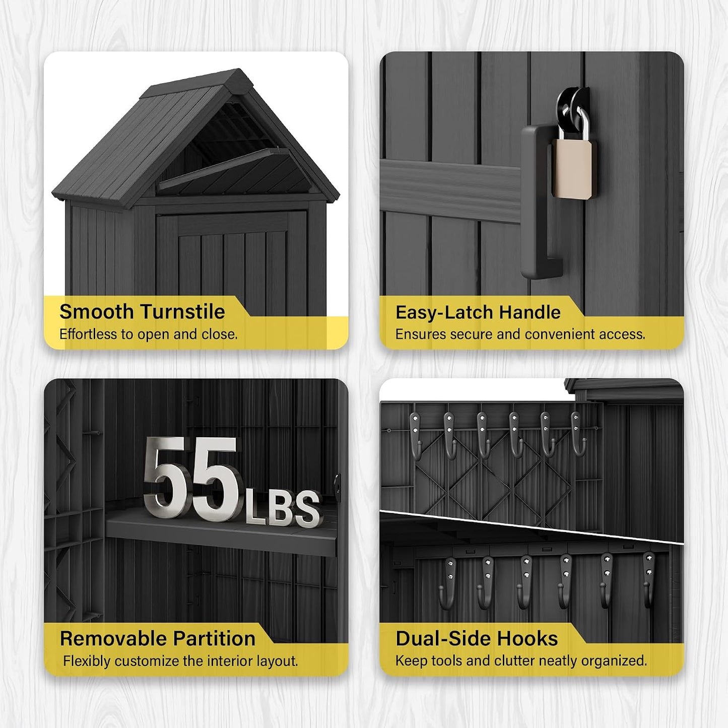 Bifanuo Deck Box Storage Shed Outdoor Storage Cabinet, Vertical Waterproof Resin Material Plastic Shed with Removable Shelves, 12 Hooks and Lock Ring for Garden, Pool and Patio (Classic Black)