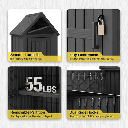 Bifanuo Deck Box Storage Shed Outdoor Storage Cabinet, Vertical Waterproof Resin Material Plastic Shed with Removable Shelves, 12 Hooks and Lock Ring for Garden, Pool and Patio (Classic Black)