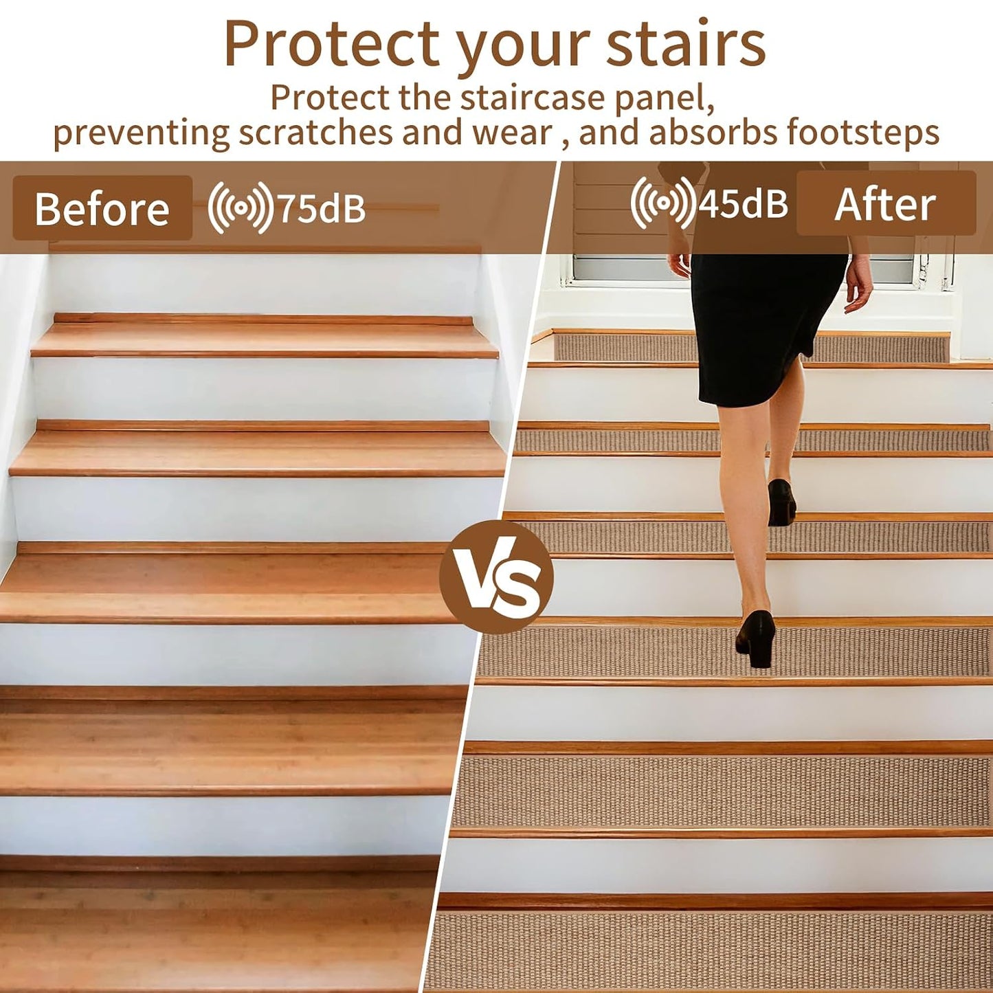 Carpet Stairs Runner for Wood Stairs, 30"x 30",Reusable Washable Self-Stick Stair Treads, for Indoor Steps, Non Slip for Kids Elders and Pets Stair Mats Residue Free, Beige 1-Pack