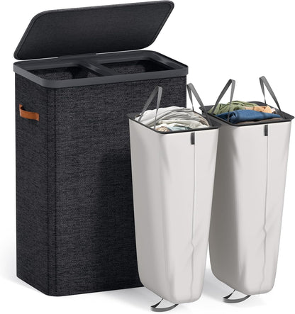 Sorbus Laundry Hamper with Lid - Collapsible 3-Compartment Fabric Laundry Basket with Handles and Removable Laundry Bag – 50 Gallon (190 L) Dirty Clothes Hamper for Bedroom, bathroom and dorm (Beige)