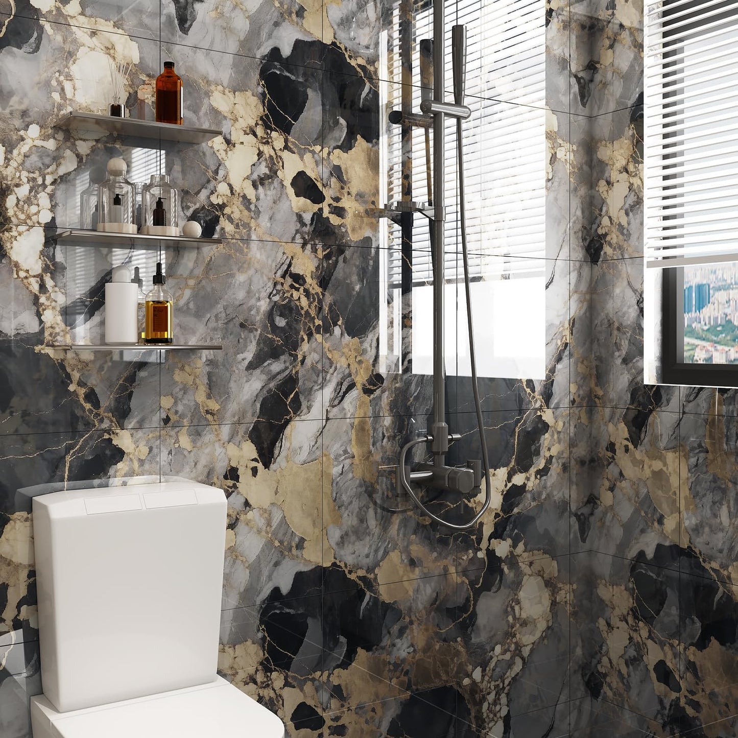 10pcs Peel and Stick Tile Shower Waterproof Marble Tiles Wall Panels, 11.8"x11.8" Self-Adhesive Backsplash Tile, PVC Wall Panels Shower Tiles for Home Bathroom, Kitchen, Living Room Blue
