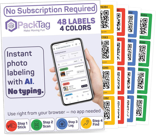 QR Code Storage Labels – 48 Color Coded Moving & Storage Box Stickers with AI Photo Inventory, Smart Home Organization & Inventory Management System, No App Required, iOS & Android Compatible