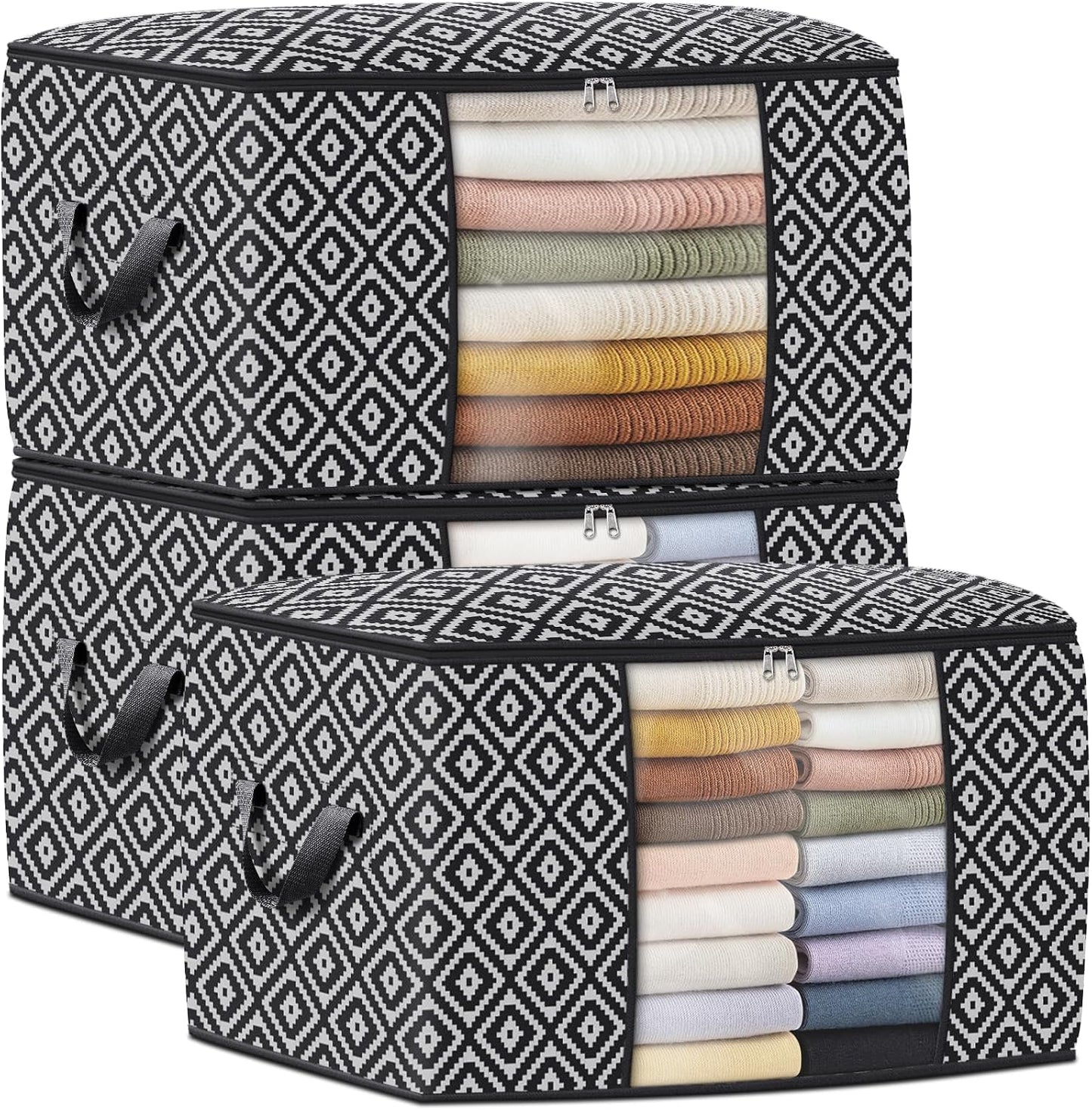 StorageTastic Direct 100L, 3 Pack, Storage Containers, Large Clothes Storage Bins Foldable Organization and Storage Bags with Reinforced Handle, Clear Window for Bedding, Blankets, Clothing, Grey