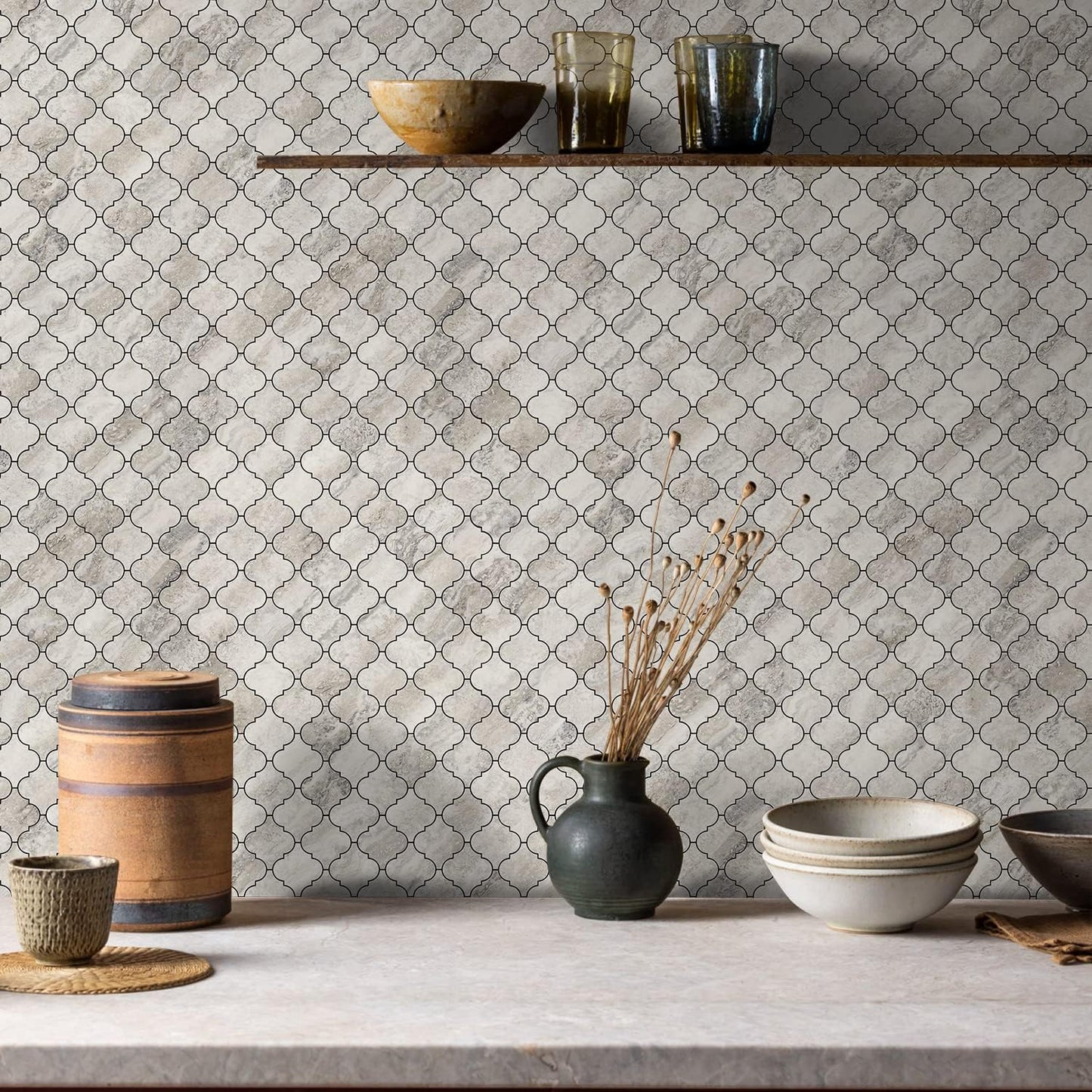 STICKGOO Arabesque Peel and Stick Backsplash Tile, Stick on Backsplash for Kitchen and Bathroom, Beige Marble Look PVC Mixed Metal Aluminum Mosaic Tiles (10 Sheets)