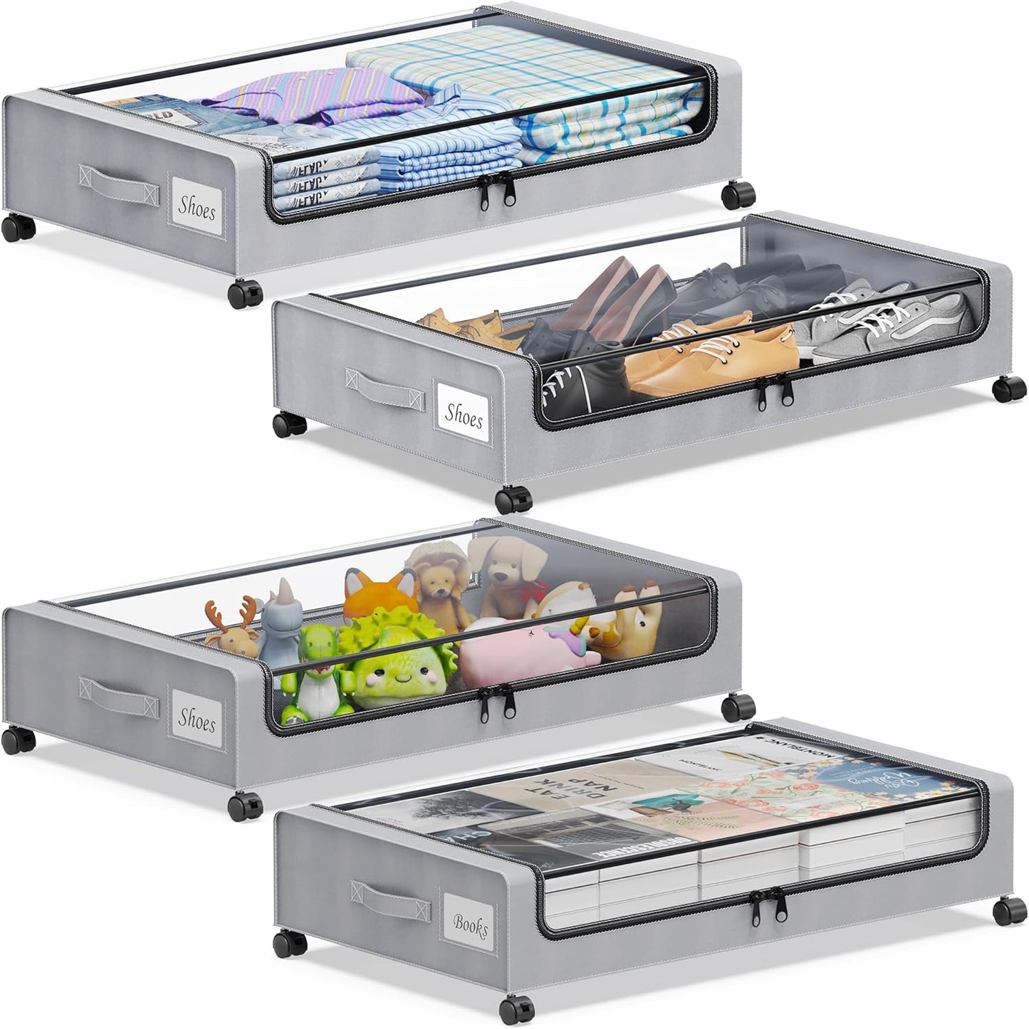 YAASHEEN Under Bed Storage with Wheels, 2-Pack Under the Bed Storage Containers with Clear Lids & Label, Underbed Storage Bins, XXL 60L Rolling Metal Drawer for Clothes, Shoes, Toys, Books - Gray