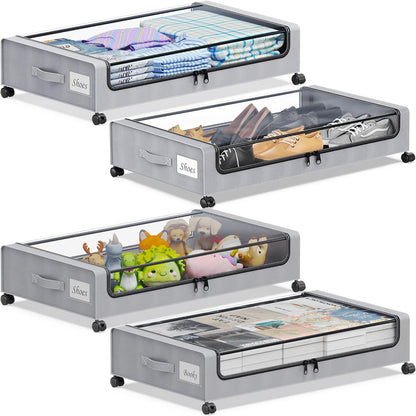 YAASHEEN Under Bed Storage with Wheels, 2-Pack Under the Bed Storage Containers with Clear Lids & Label, Underbed Storage Bins, XXL 60L Rolling Metal Drawer for Clothes, Shoes, Toys, Books - Gray