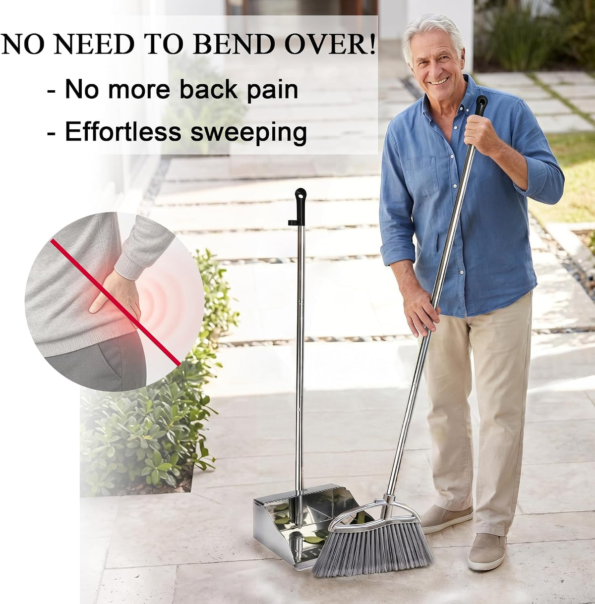 Stand Up Metal Dustpan & Stiff Bristle Broom Set–Heavy Duty for Yard, Patio | No-bend stand up design / Heavy duty metal dustpan with teeth / 4-layer stiff Bristle broom / For outdoor floor sweeping