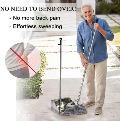 Stand Up Metal Dustpan & Stiff Bristle Broom Set–Heavy Duty for Yard, Patio | No-bend stand up design / Heavy duty metal dustpan with teeth / 4-layer stiff Bristle broom / For outdoor floor sweeping