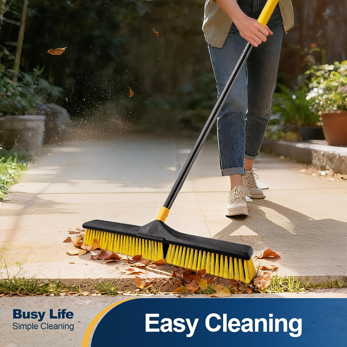 Yocada 24 inch Push Broom Brush 65.3 inch Long Stiff Bristles Heavy-Duty | Outdoor Commercial Broom for Cleaning Bathroom Kitchen Patio Garage Deck Concrete Wood Stone Tile Floor