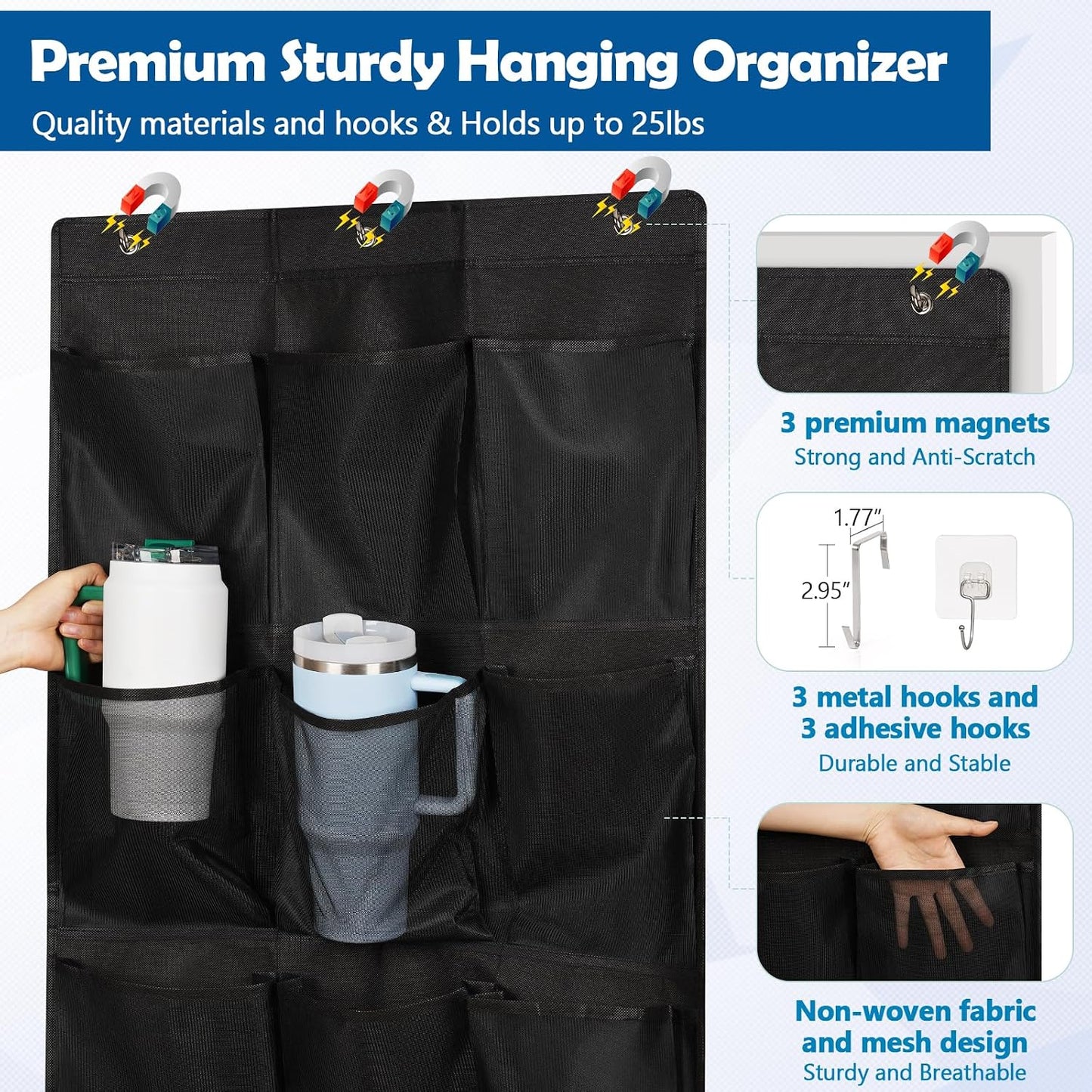 Over The Door Cruise Ship Organizer - Cruise Ship Magnetic Door Organizer with 15 Size-Graded Pockets, Hanging Magnetic Cruise Storage Shoe Rack for Cabin, 2026 Cruise Essential, 9 Hooks(White)