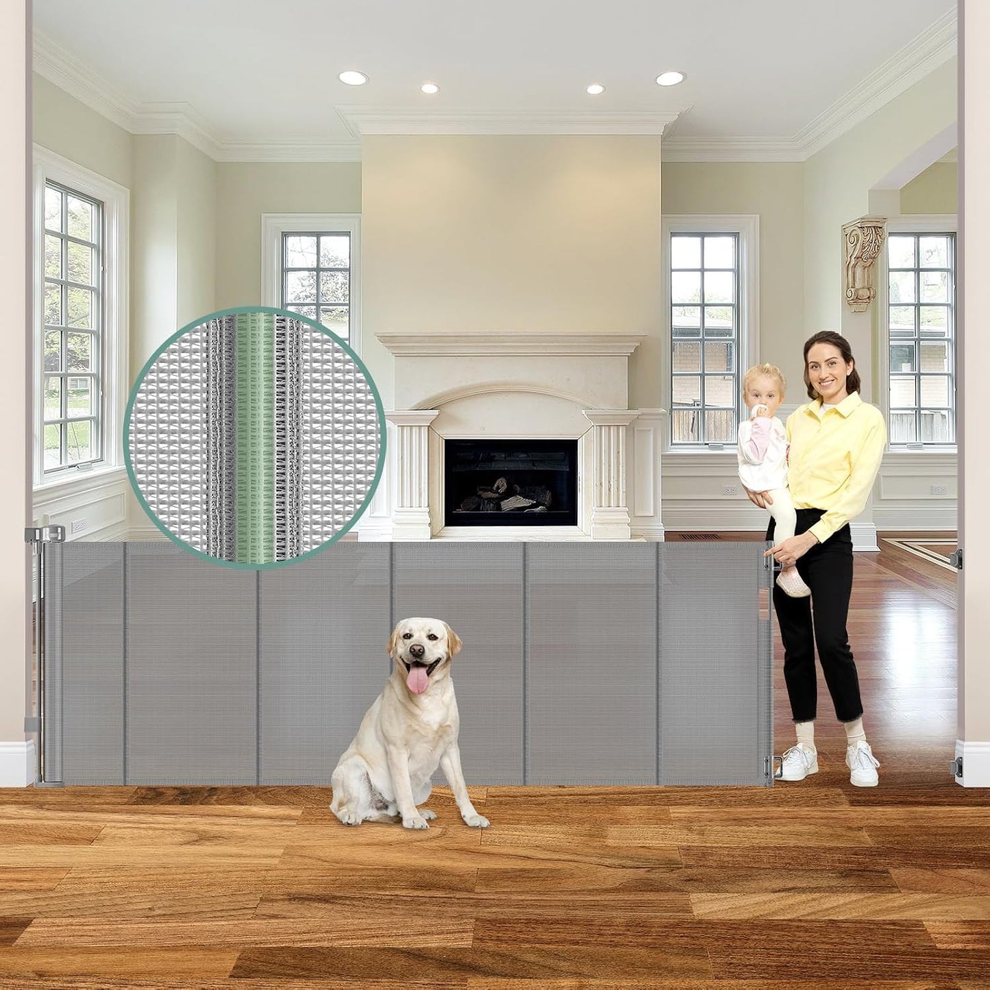 Reinforced 55" Wide Retractable Baby Gates with Reinforced Strips, Indoor/Outdoor Retractable Dog Gate for Doorway Prevent Bottom Drilling Through, No Bottom Bar Safety Mesh Baby Gate for Stair, Black