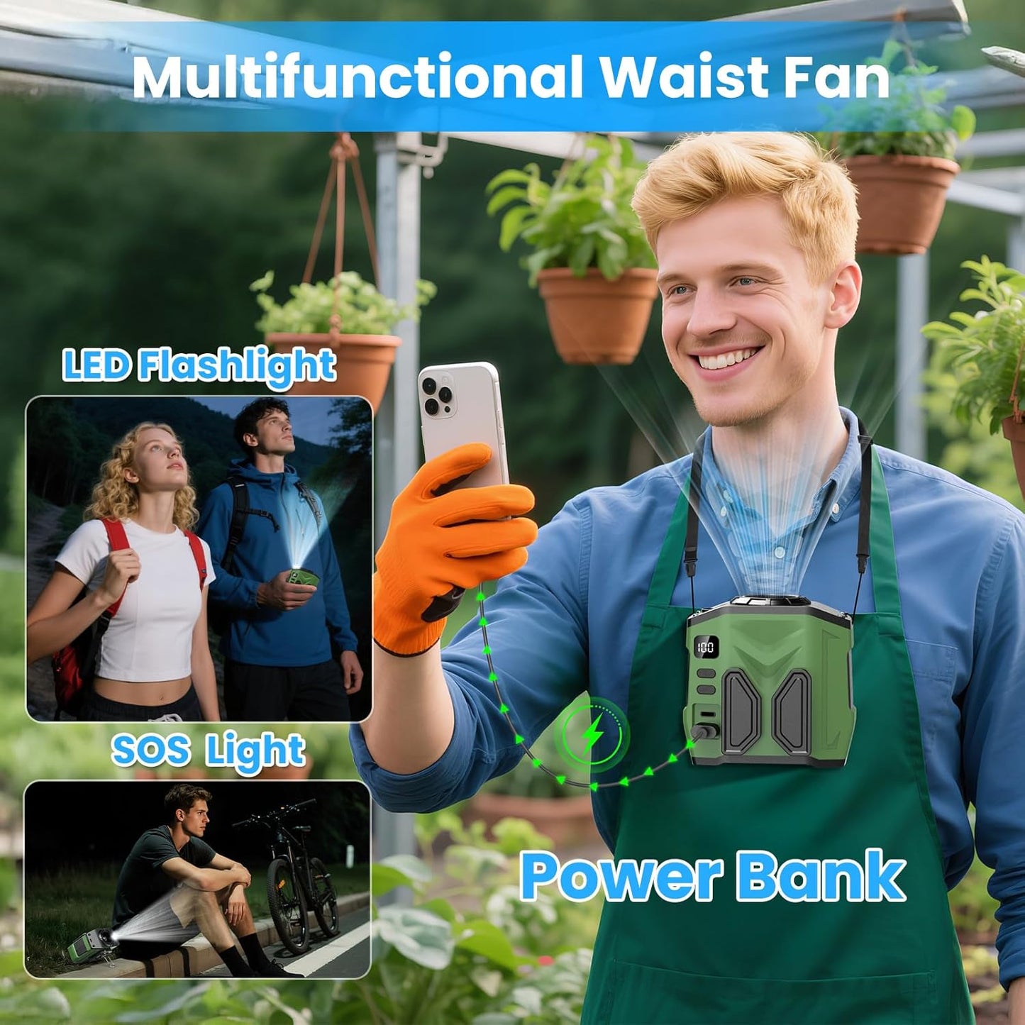 Portable Personal Waist Fan Rechargeable, 10000mAh 5 Speeds 13500RPM Strong Airflow, LED Light & 30H Runtime, Hands-Free Shirt/Belt/Neck Clip on Fan for Camping, Work, Outdoor, Travel