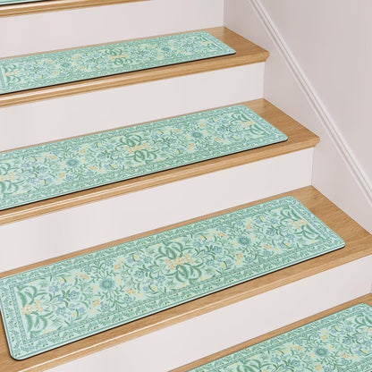 OJIA Floral Stair Treads Non-Slip Stair Runner for Wooden Steps Indoor 15PCS 30"x8" Carpet Stair Treads Stair Mats Staircase Step Treads for Kids, Elders and Dogs, Stair Covers, Black