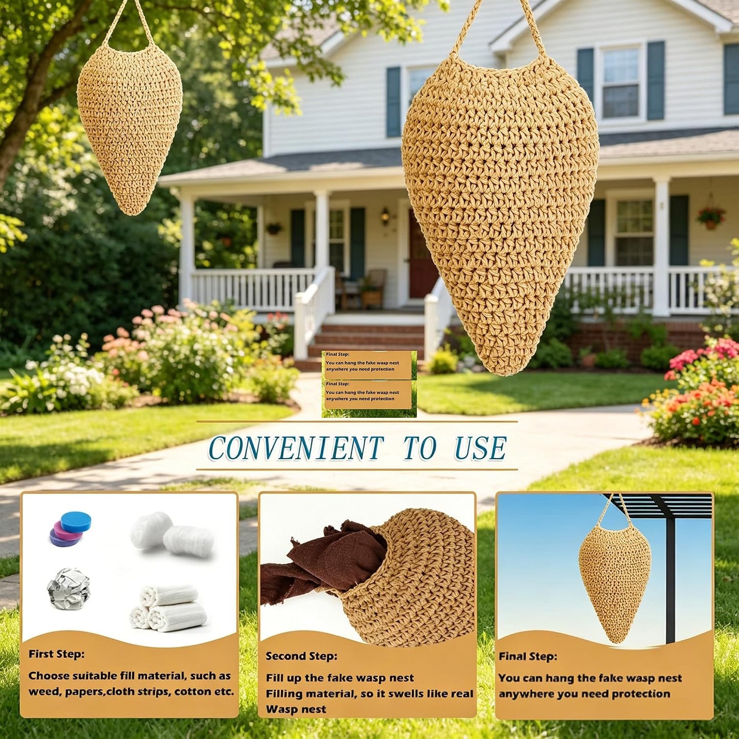 3 Pack Large Crochet Wasp Nest Decoy Handmade Fake Wasp Nest Decoy | Faux Wasp Nest Deterrent for Outdoor Hanging for Wasps Hornets, Hornets Nest Decoy for Patio and Eaves, Beige