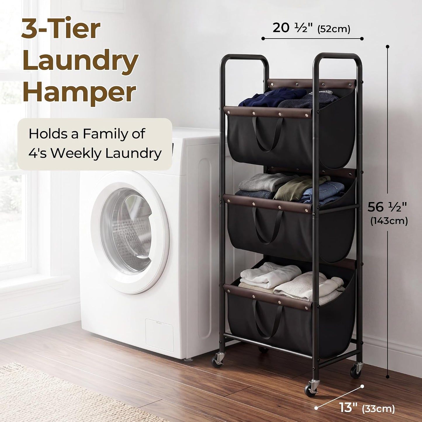 GRANNY SAYS 3 Section Tiered Laundry Sorter, Slim Vertical Laundry Hamper with Wheels, Narrow Rolling Laundry Cart with Removable Bags for Laundry Room, Bathroom, Closet, Dorm, Beige