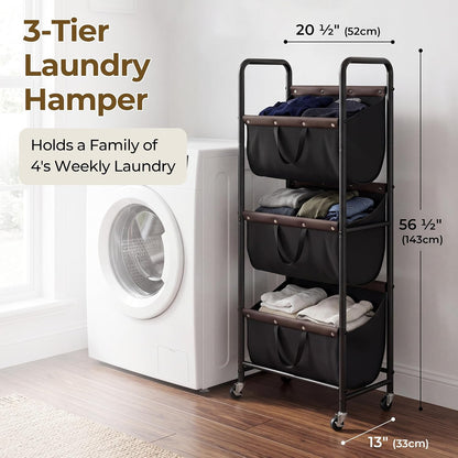 GRANNY SAYS 3 Section Tiered Laundry Sorter, Slim Vertical Laundry Hamper with Wheels, Narrow Rolling Laundry Cart with Removable Bags for Laundry Room, Bathroom, Closet, Dorm, Beige