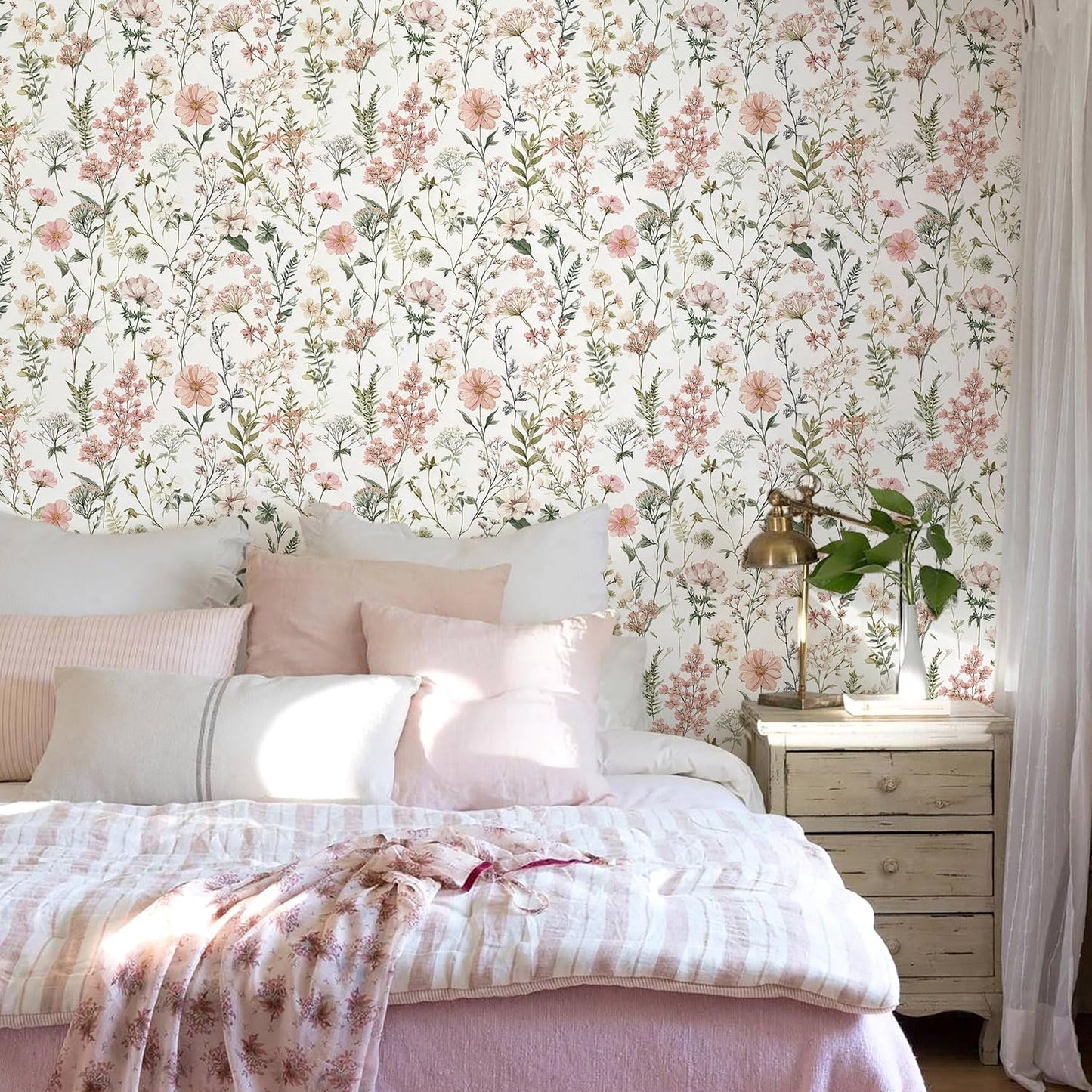 Orainege Pink Floral Peel and Stick Wallpaper Removable Self Adhesive Wallpaper 16.9inx118.1in Modern Wall Paper for Bedroom Bathroom Green Leaf Contact Paper for Cabinets