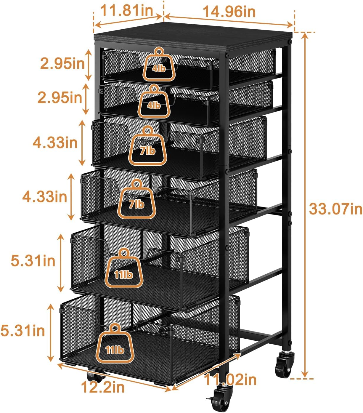 4 Tier Kitchen Rolling Cart, Kitchen Storage Cart with Wheels, Adjust Pantry Organizer and Storage Cart with Drawer, Fruit Vegetable Spice Storage Cart, Wooden Top Metal Kitchen Organizer Rack Stand