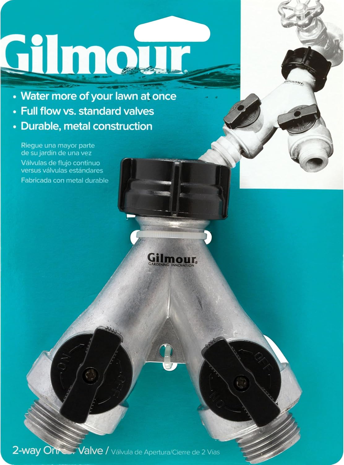 Gilmour Heavy Duty 2 Way Garden Hose Splitter, Dual Water Hose Splitter with Shut Off Valve, Metal Water Manifold