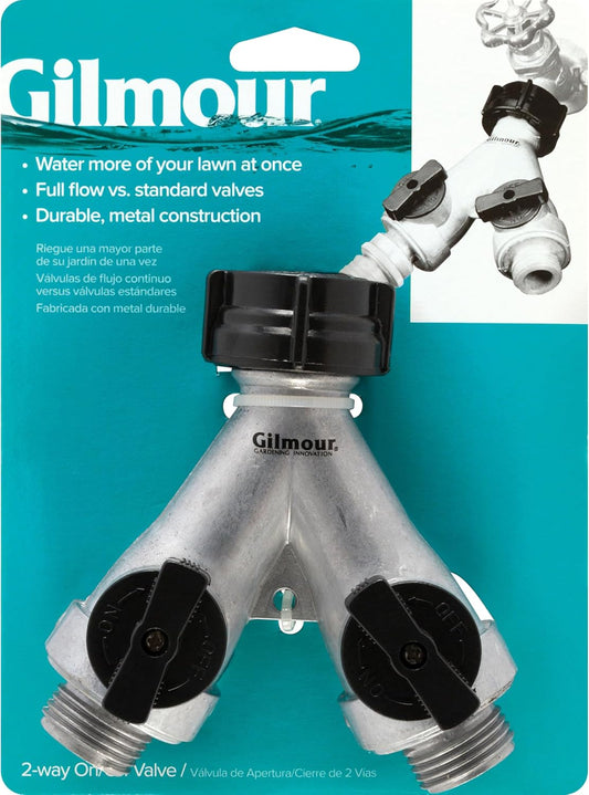 Gilmour Heavy Duty 2 Way Garden Hose Splitter, Dual Water Hose Splitter with Shut Off Valve, Metal Water Manifold