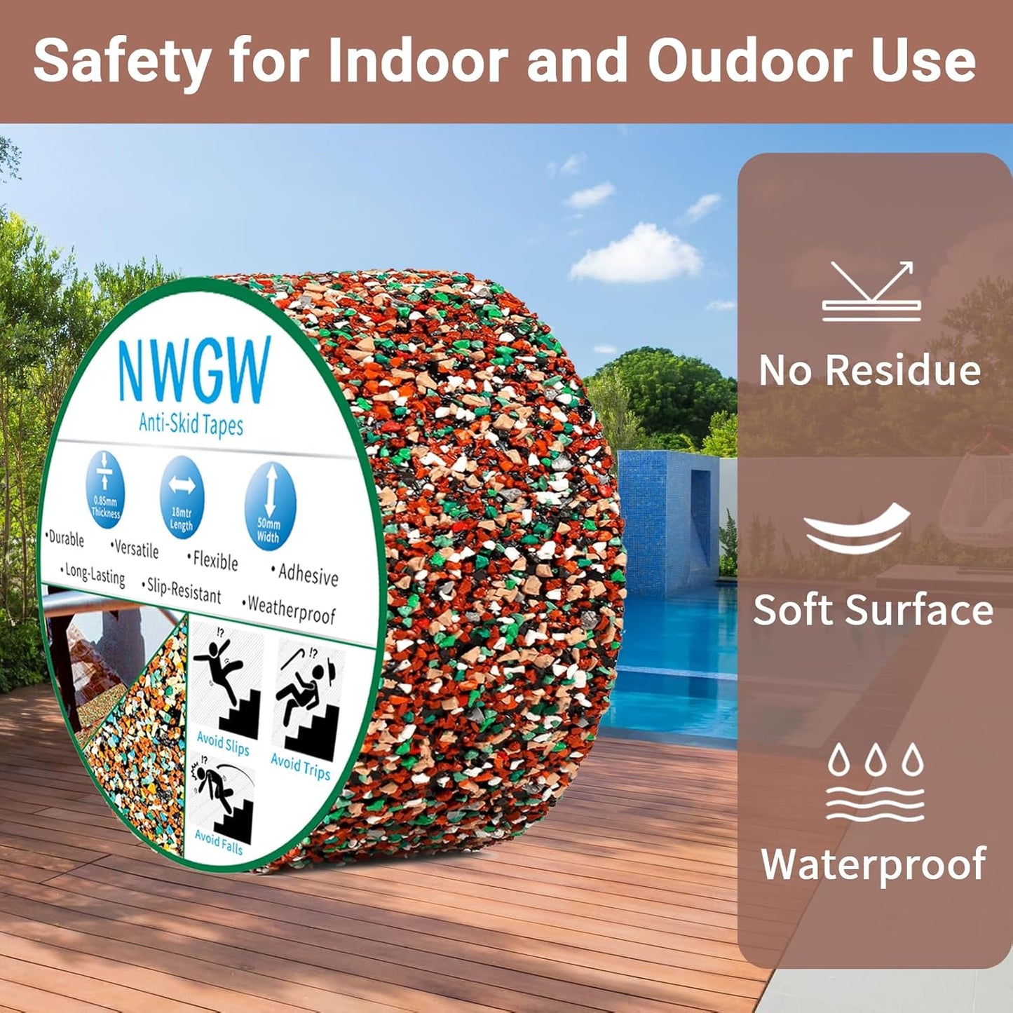 Waterproof Tape for Pools, 4" x15FT Heavy Duty Anti Slip Stair Treads Outdoor Tape Non-Slip Rubber Grip Tape Shower Strips Slip Resistant Tape Traction Tape for Stairs Showers Bathroom Trails
