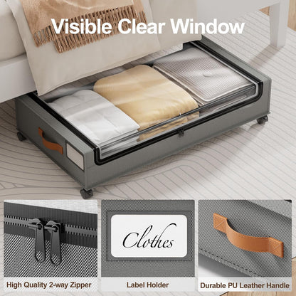 LAMU Under Bed Storage with Wheels, 2 Pack Under Bed Storage Containers with Clear Lid, XXL 60 L Underbed Storage Bins, Rolling Under Bed Metal Drawers for Clothes, Blankets, Shoes, Black
