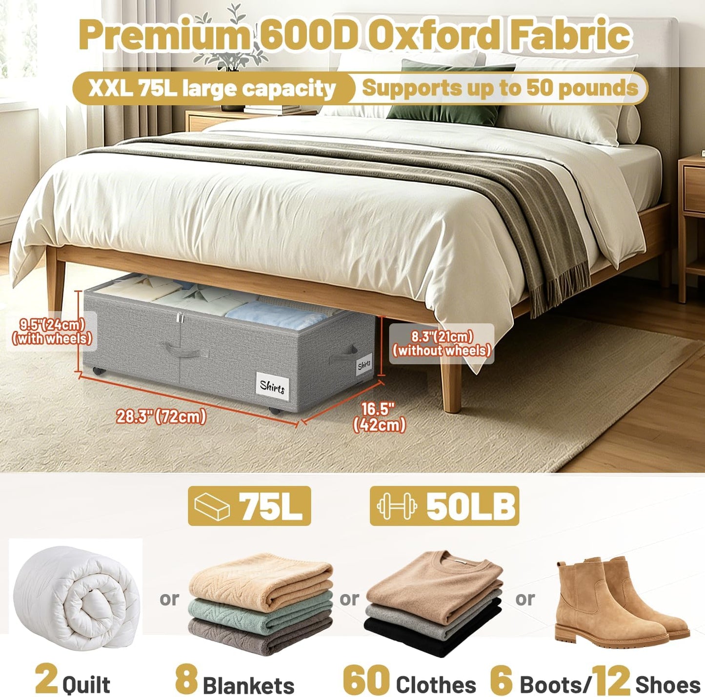 Under Bed Storage with Wheels, 2 Pack Underbed Storage Containers with Clear Lid & Label, XXL 75L Easy Assembly Rolling Under Bed Shoe Storage for Clothes, Shoes, Blankets, Black(28.3 X 16.5 X 9.5 in)