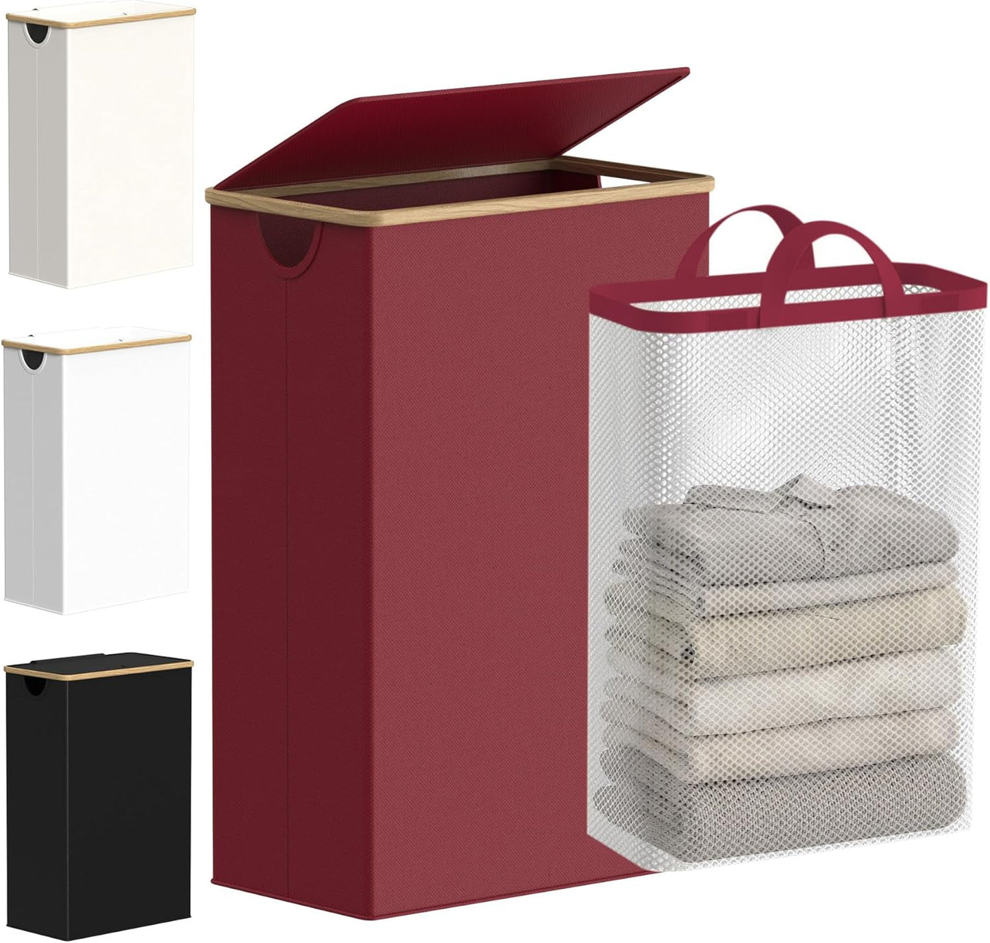 efluky Slim Laundry Basket with Lid, Narrow Laundry Hamper with Removable Bag, Skinny Dirty Clothes Basket with Bamboo Handles for Bathroom, Bedroom & Laundry Room, 75L Beige