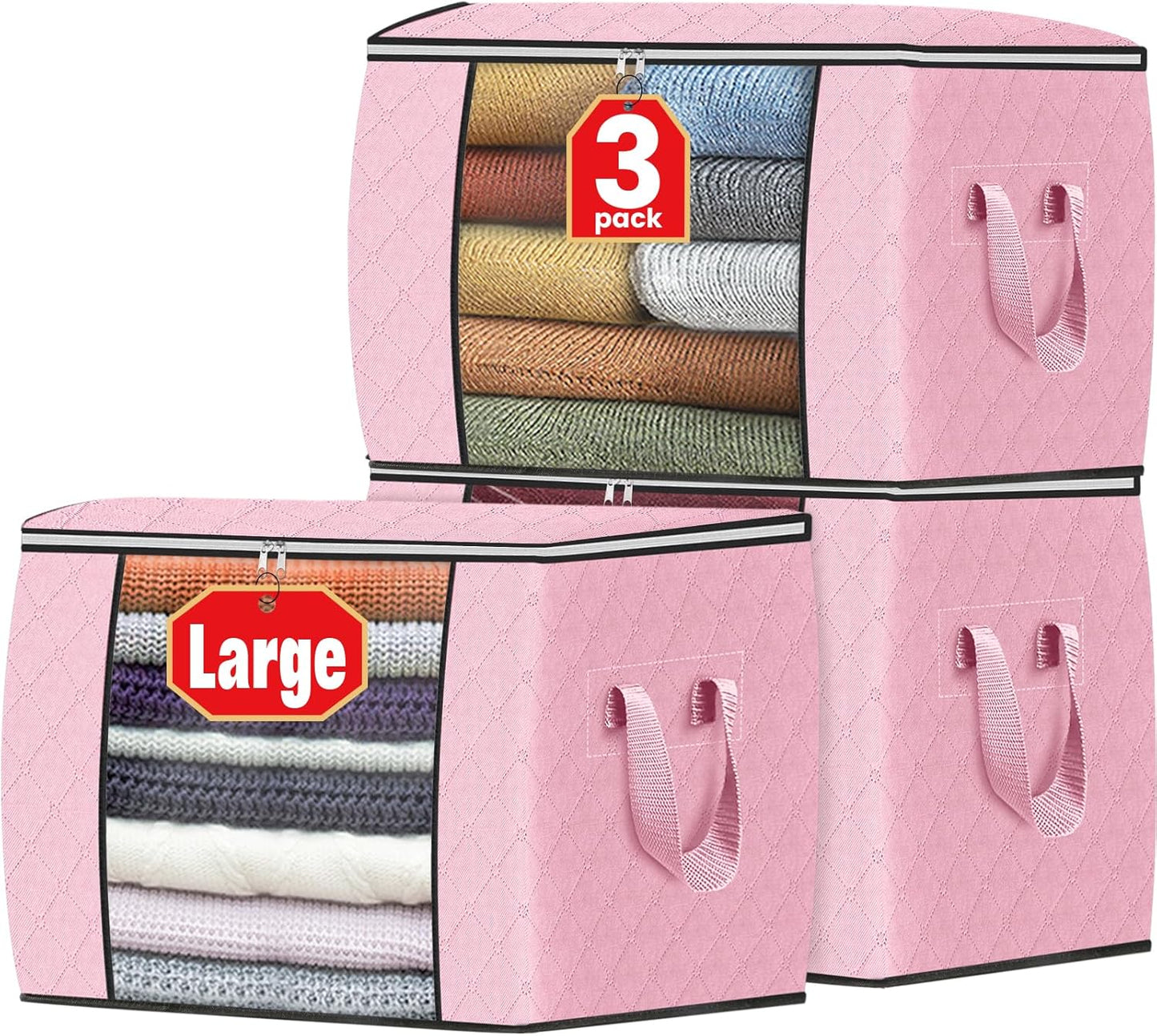 Fab totes 6 Pack Storage Bags for Clothes and Blanket, Foldable Closet Organizers and Storage with Zippers, Clear Window and Handles, Fabric Storage Bins for Sweater, Comforter, Bedding,Linen Sheets