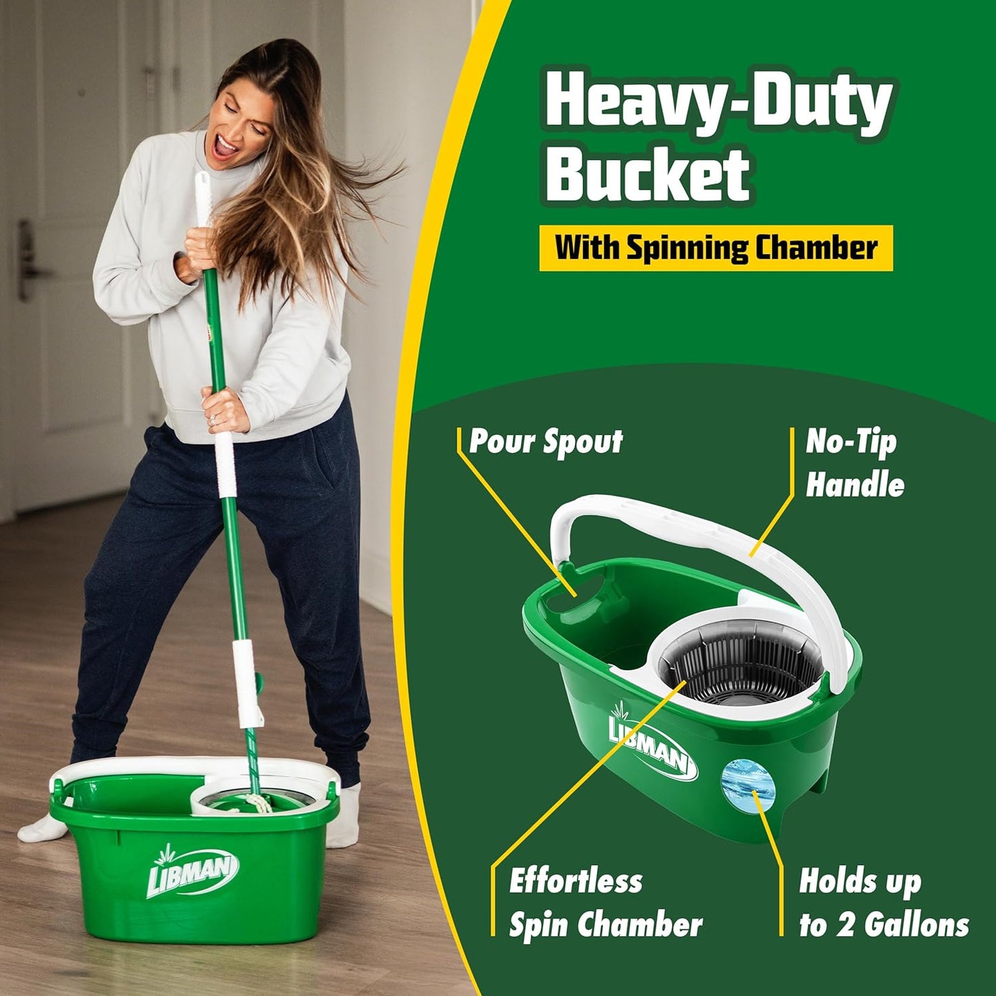 Libman Tornado Spin Mop System and 1 Refill, Mop and Bucket with Wringer Set for Hardwood Floor Cleaning, 2 Total Heads Included