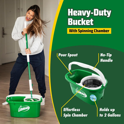 Libman Tornado Spin Mop System and 1 Refill, Mop and Bucket with Wringer Set for Hardwood Floor Cleaning, 2 Total Heads Included