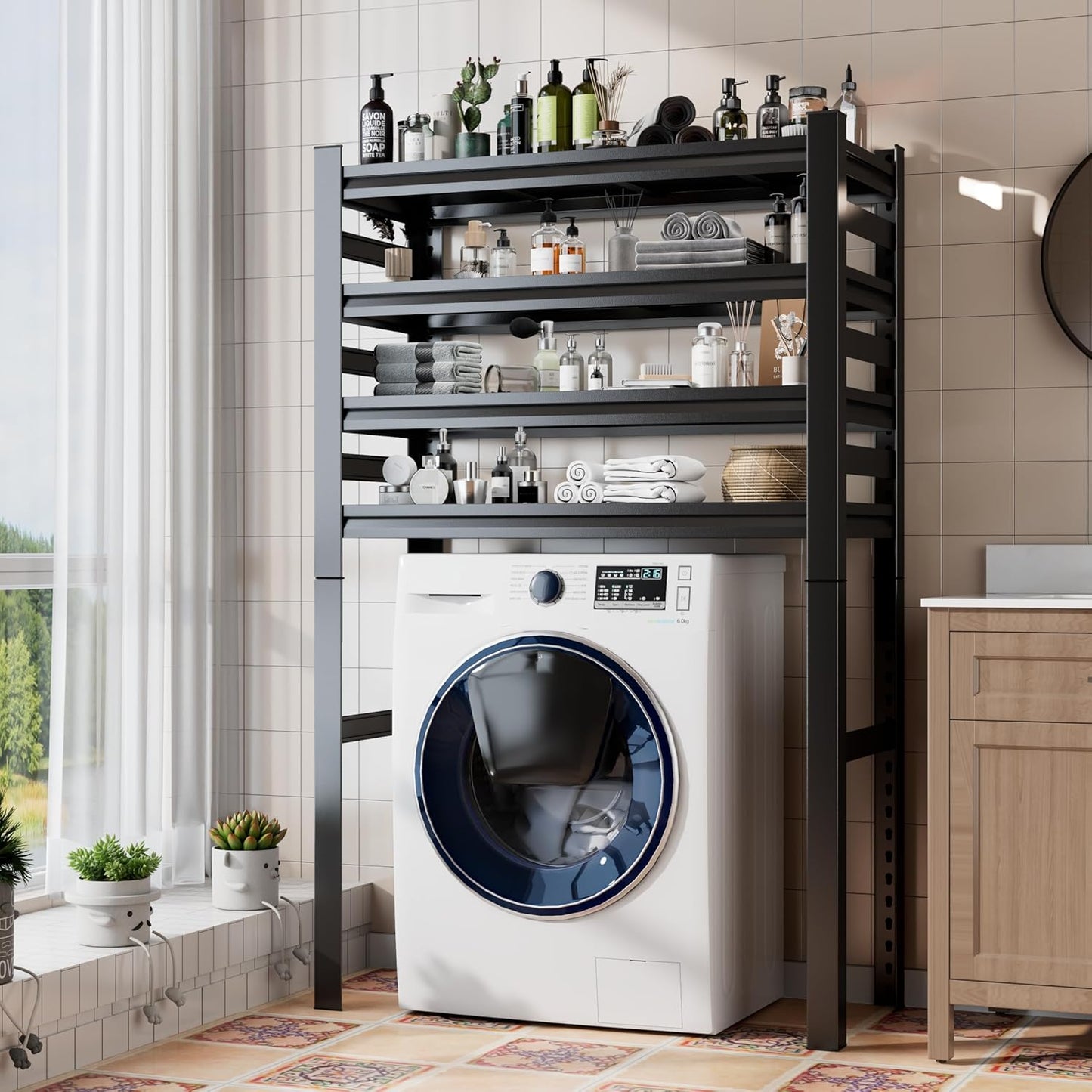 Over Washer and Dryer Shelves, Laundry Room Shelves Adjustable Metal Heavy Duty Freestanding Storage Shelving, Washing Machine Rack for Organization and Storage, Black (39.4" W X 17.7" D X 71.2" H)