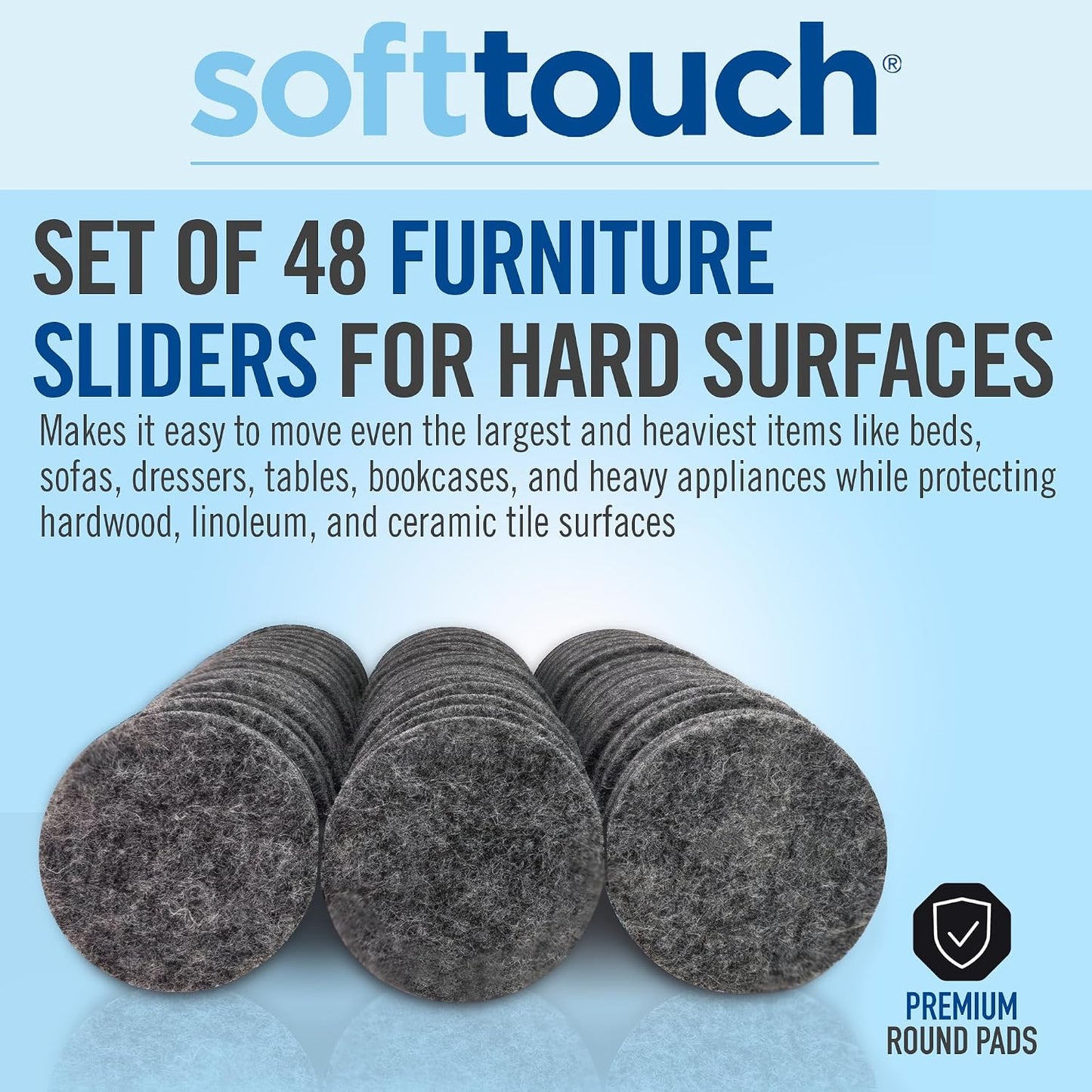 SoftTouch 1.5" Round Reusable Felt Furniture Sliders for Hard Surfaces, Noise-Reducing Adhesive Moving and Protective Pads for Cabinets, Chairs, Tables & Decorative Items Set of 48, Brown