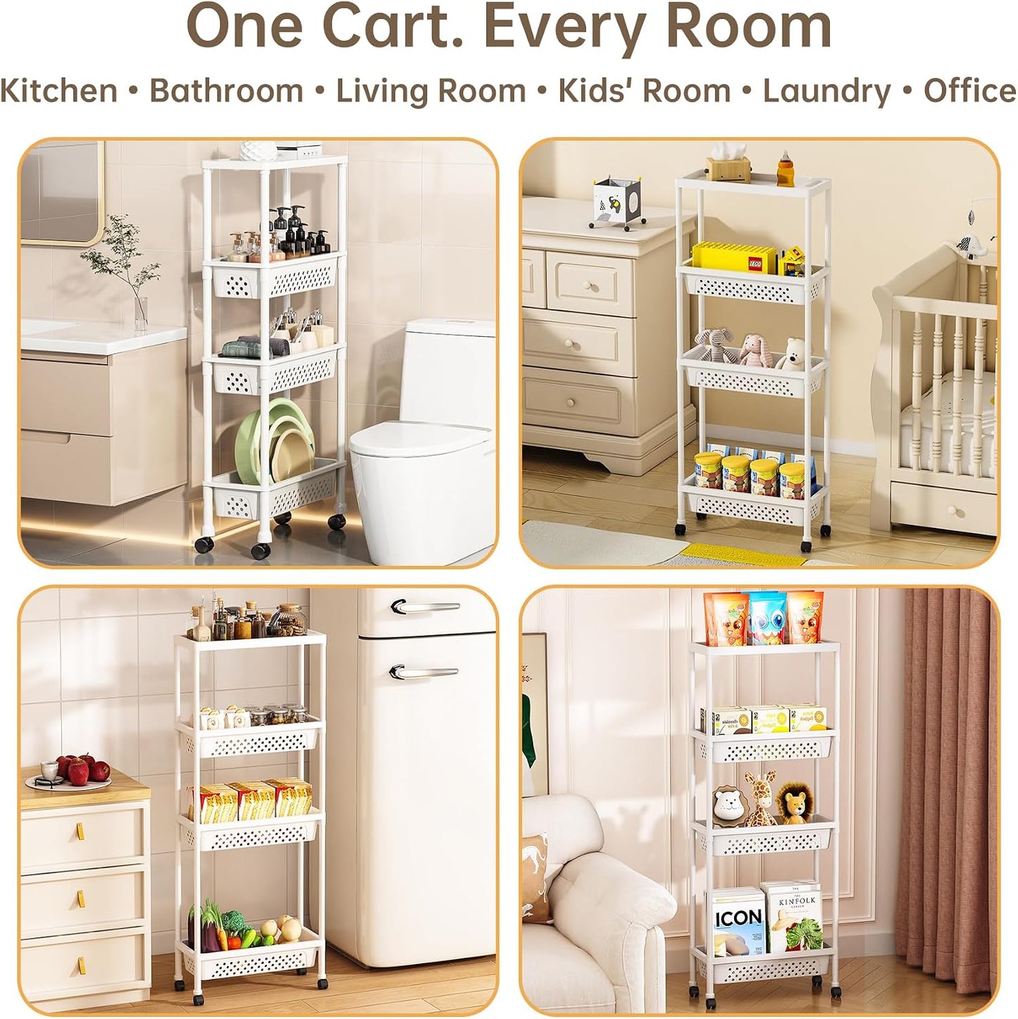 Slim 4 Tier Rolling Storage Cart Narrow Bathroom Organizer on Wheels Blue | 6.7" wide for tight bathroom/kitchen gaps, extra-tall tier, 360° casters, quick-dry shelves, tool-free storage rack