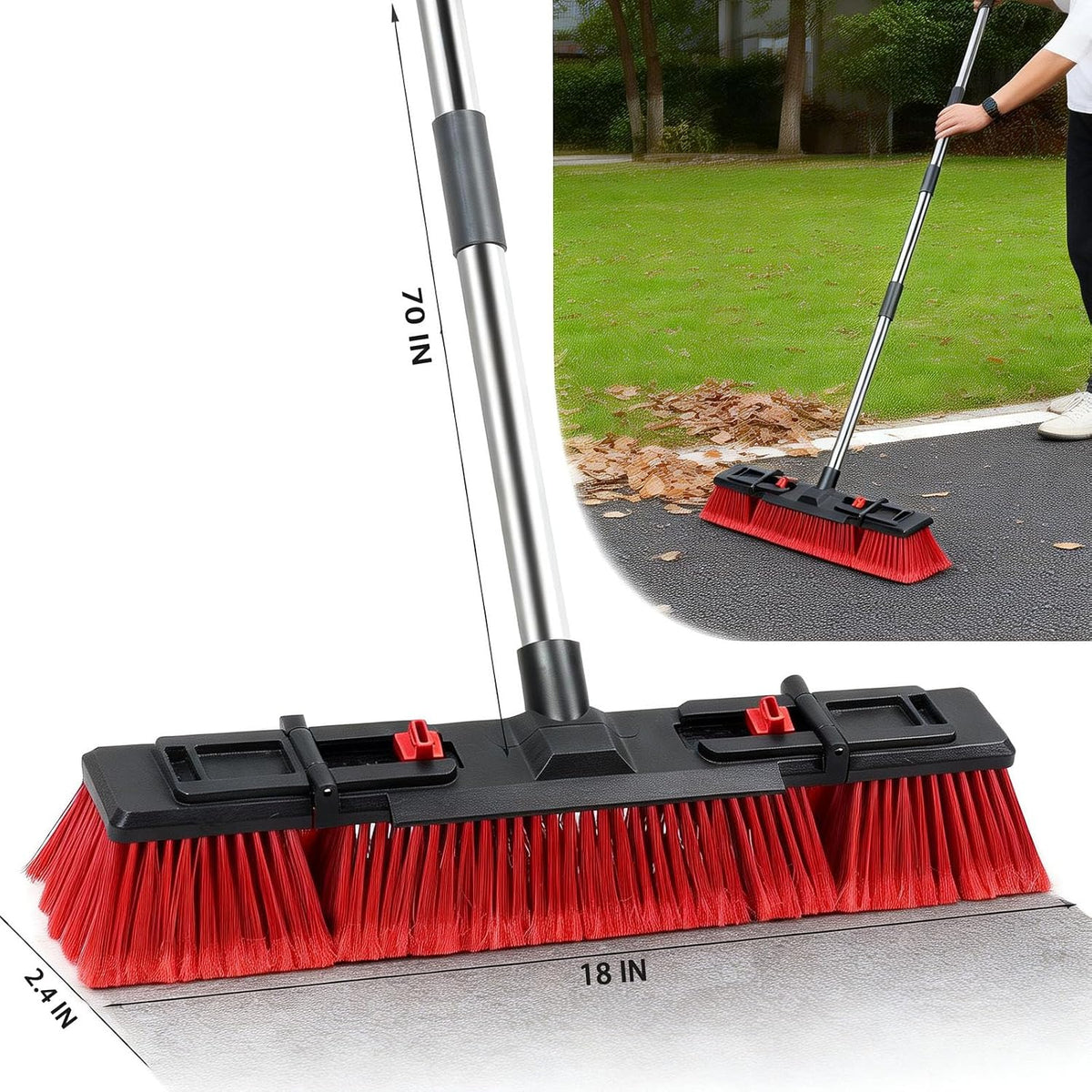 18" Heavy-Duty Push Broom, 70" Handle, Stiff Bristles for Outdoor Cleaning. | Heavy-duty outdoor broom, stiff bristles for patios, driveways, garages, decks, shops, warehouses, restaurants, floors & site