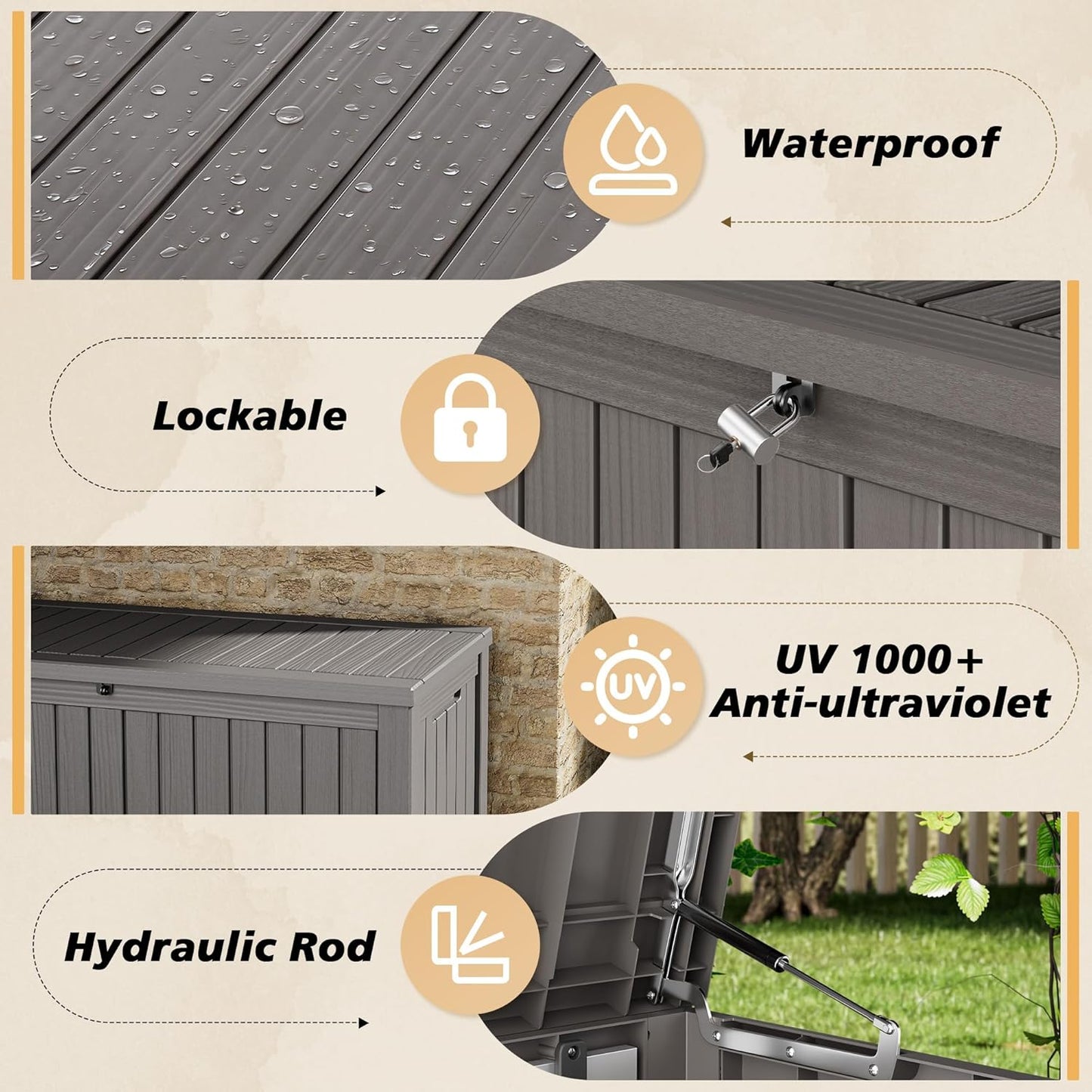 Fancyango 75 Gallon Outdoor Deck Box Waterproof, Large Storage Box for Patio, Resin Storage Bench Lockable for Garden Tools, Package Delivery, Black