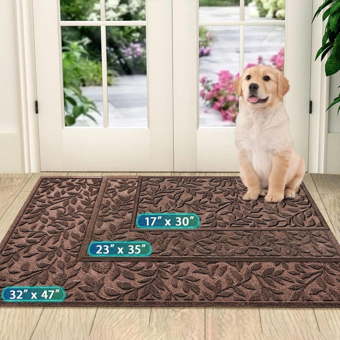 Bulijojo Sturdy Front Entrance Doormats,Durable Heavy Duty Welcome Mat,Thick Absorbent Natural Rubber Non Slip Mat,Easy Clean Entryway Mat 17x30 Inch Leaves Green