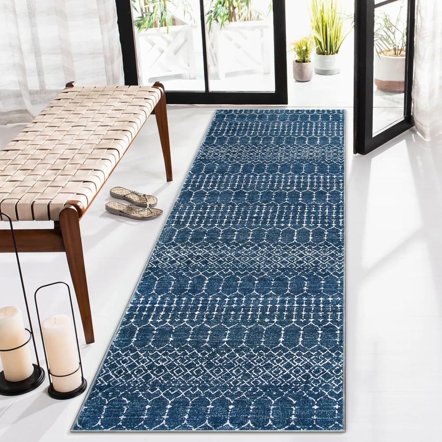 Lahome Moroccan Entry Rug 2x3, Non-Slip Washable Front Indoor Door Mat Rubber Backing Low-Profile Door Rugs, Small Geometric Print Distressed for Entryway Bathroom Kitchen, Black Hana
