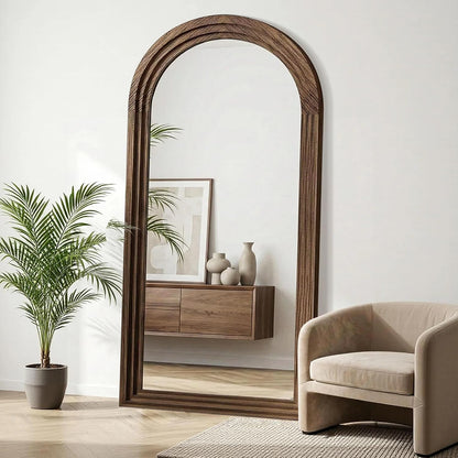 Delma Arched Full Length Floor Mirror with Stand, 75x35 Rustic Farmhouse Solid Wood Frame Wall Mirror for Bedroom, Living Room, Vertical Hanging & Standing(Brown)