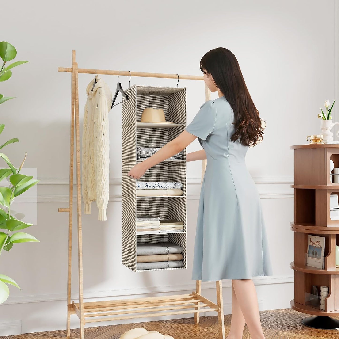 Hanging Closet Organizer 3-Shelf, Oxford Fabric Wardrobe Storage, Gray | Easy-mount foldable design holds clothes, handbags, shoes & accessories; washable Oxford fabric, sturdy and space-saving.