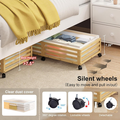 Under Bed Storage Containers With Wheels - 2 Pcs Bamboo Wood Rolling Underbed Shoe Storage Bins With Dust Bags for Clothes Blankets, Duvet Covers Snacks Toys (Natural)