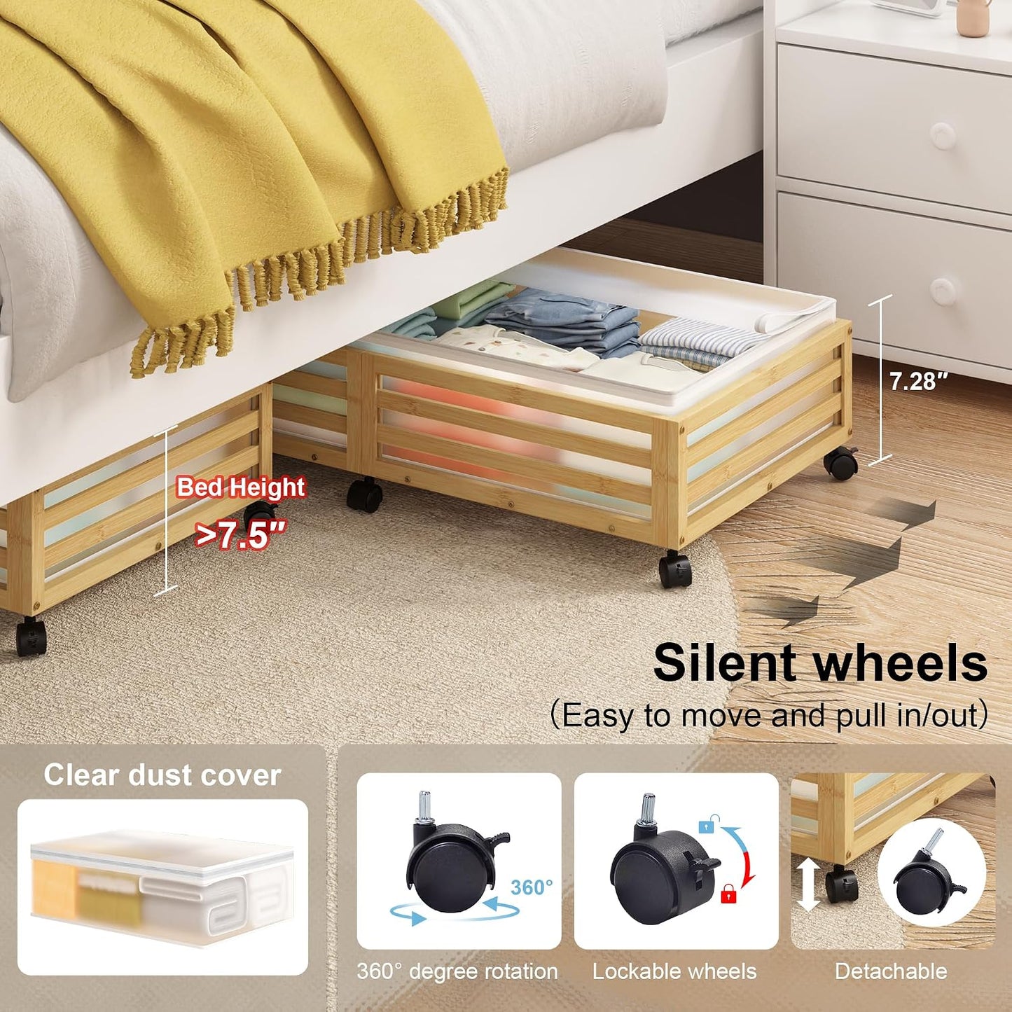 Under Bed Storage with Wheels-Large Bamboo Underbed storage Containers with Large Dust Bag Stackable Under the Bed Shoe Storage Bins for Clothes Books Bedding (2 Packs Nature, 23.62"L×16.54"W× 6.51"H)