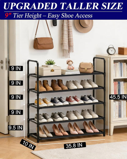 Long Shoe Rack, 3-Tier Stackable Shoe Organizer for Closet, Entryway, Hallway, Extra Bottom Layer, Holds 16-20 Pairs, Sturdy & Durable Waterproof Fabric Shelf, Space-Saving,Black(35.8" Wide)