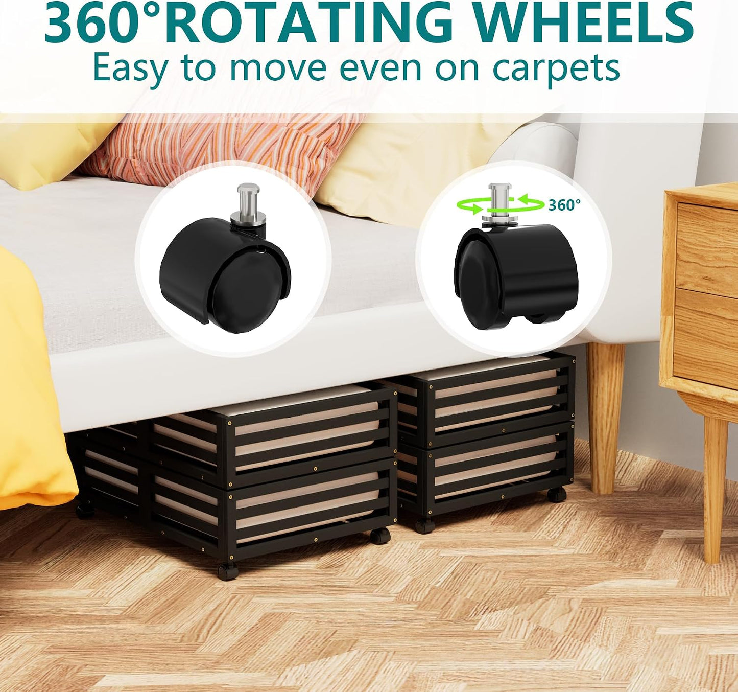 Wisuce 2 Packs Bamboo Under Bed Storage Organizer with Wheels White Small | 360° Lockable Wheels,120lbs Load Capacity, Multi-scene ,Dustproof Clear Storage Bag, Large Capacity,Easy Quick Assembly