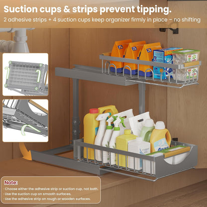 Under Sink Organizer and Storage for Bathroom and Kitchen - 2 Pack 3 Tier Under Cabinet Pull Out Shelf Organizers - Slide Out Drawer Organization for Home Cabinets Shelves and Drawers